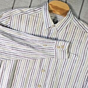 Tommy Bahama Dress Shirt Men's XL Linen Cream Striped‎ Long Sleeve - Button Down